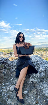 RM Atellier Designer Handmade Leather Handbag with Wood Handle - Black