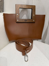 RM Atellier Designer Handmade Leather Handbag with Wood Handle - Brown
