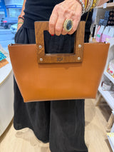 RM Atellier Designer Handmade Leather Handbag with Wood Handle - Brown