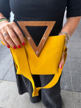 RM Atellier Designer Handmade Leather Mini Handbag with Wood Handle - Mustard