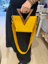 RM Atellier Designer Handmade Leather Mini Handbag with Wood Handle - Mustard