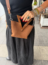 RM Atellier Designer Handmade Leather Mini Handbag with Wood Handle - Brown