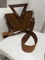 RM Atellier Designer Handmade Leather Mini Handbag with Wood Handle - Brown