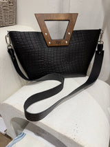 RM Atellier Designer Handmade Leather Handbag with Wood Handle - Black