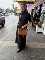 RM Atellier Designer Handmade Leather Handbag with Wood Handle - Brown