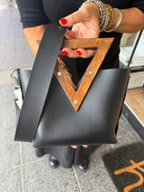 RM Atellier Designer Handmade Leather Mini Handbag with Wood Handle - Black
