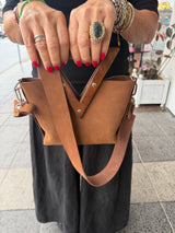 RM Atellier Designer Handmade Leather Mini Handbag with Wood Handle - Brown