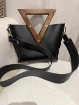 RM Atellier Designer Handmade Leather Mini Handbag with Wood Handle - Black