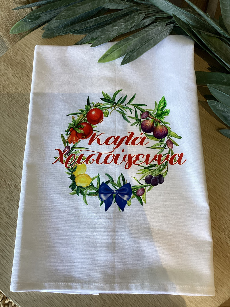 Greek Cotton Christmas Tea Towel - Wreath