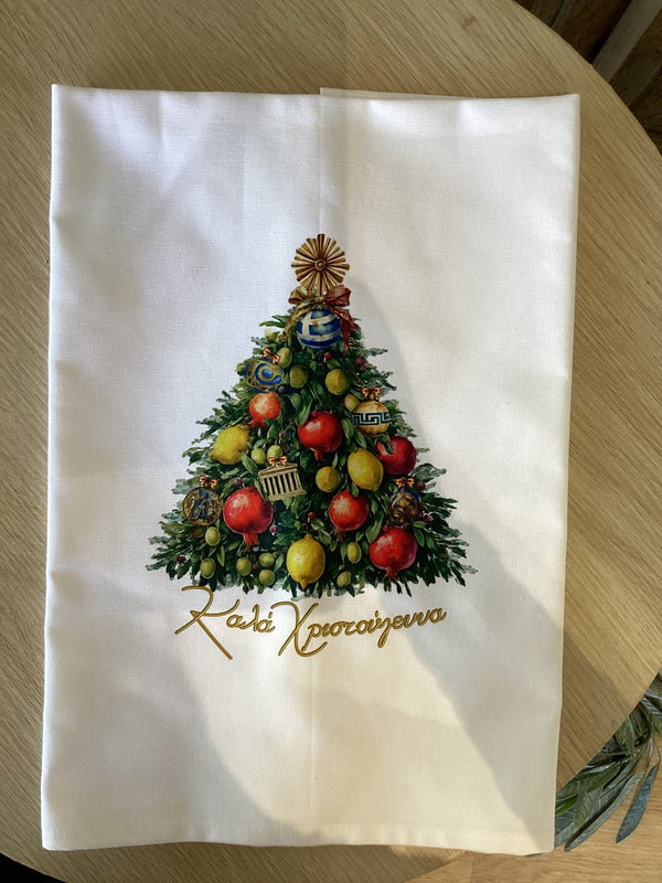 Greek Cotton Christmas Tea Towel - Xmas Tree