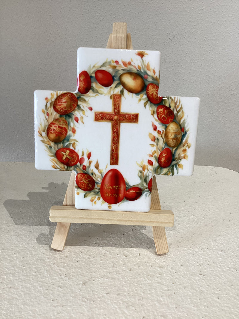 Χριςτος Ανεςτη small white ceramic cross plaque with stand #3