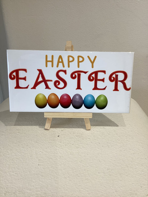 Happy Easter Καλό Πάσχα with colourful easter eggs plaque on stand