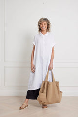 Salome Linen Shirt Dress - White / Navy / Brown