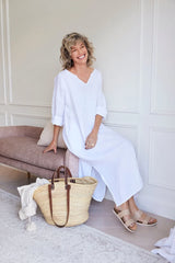 Sophie Linen Kaftan Dress - Natural / White