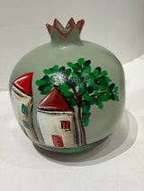 Greek Handmade Ceramic Pomegranate - Medium - Sage Green with Greek Villas