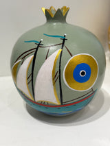 Greek Handmade Ceramic Pomegranate - X Large - Sage Green with Greek Boat