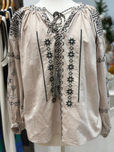 Greek Embroidered Blouse - Natural with Black/White Embroidery