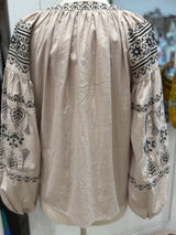 Greek Embroidered Blouse - Natural with Black/White Embroidery