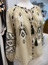 Greek Embroidered Blouse - Beige with Black/White Embroidery