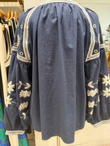 Greek Embroidered Blouse - Blue with White Embroidery