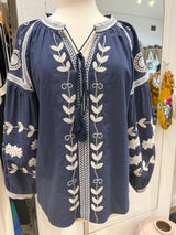 Greek Embroidered Blouse - Blue with White Embroidery