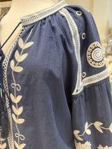 Greek Embroidered Blouse - Blue with White Embroidery