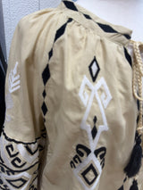 Greek Embroidered Blouse - Beige with Black/White Embroidery