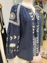 Greek Embroidered Blouse - Blue with White Embroidery