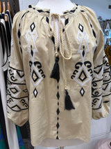 Greek Embroidered Blouse - Beige with Black/White Embroidery
