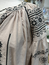 Greek Embroidered Blouse - Natural with Black/White Embroidery