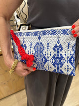 Greek Embroidered Pouch - Blue/White Geo Design