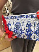 Greek Embroidered Pouch - Blue/White Geo Design
