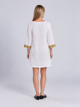 V Neckline Linen Dress - White with Round Gold detail
