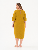 Rounded Neckline Linen Midi Dress - Honey Mustard