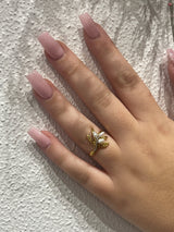 925 Sterling Silver 18kt Gold Plated Olive Branch Ring with Freshwater Pearls -Silver branch Detail
