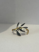 925 Sterling Silver Rhodium Plated Olive Branch Ring with Freshwater Pearls -Gold Detail