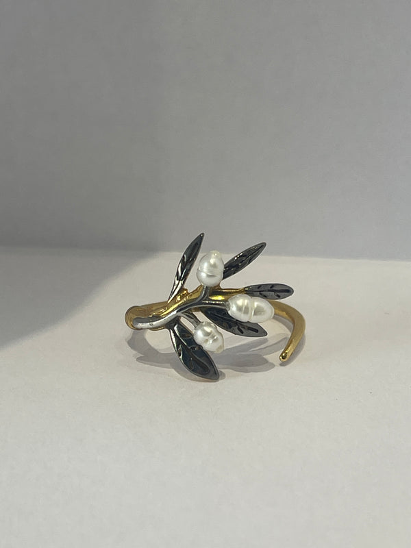 925 Sterling Silver Rhodium Plated Olive Branch Ring with Freshwater Pearls -Gold Detail