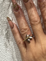 925 Sterling Silver Rhodium Plated Olive Branch Ring with Freshwater Pearls -Gold Detail
