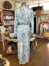 Italian Blue Floral Print Belted Shirt Dress