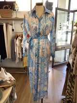 Italian Blue Floral Print Belted Shirt Dress