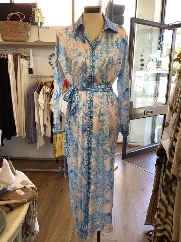 Italian Blue Floral Print Belted Shirt Dress