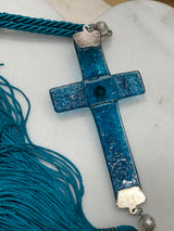 Long Blue Glass Cross Gouri (Good Luck Charm)