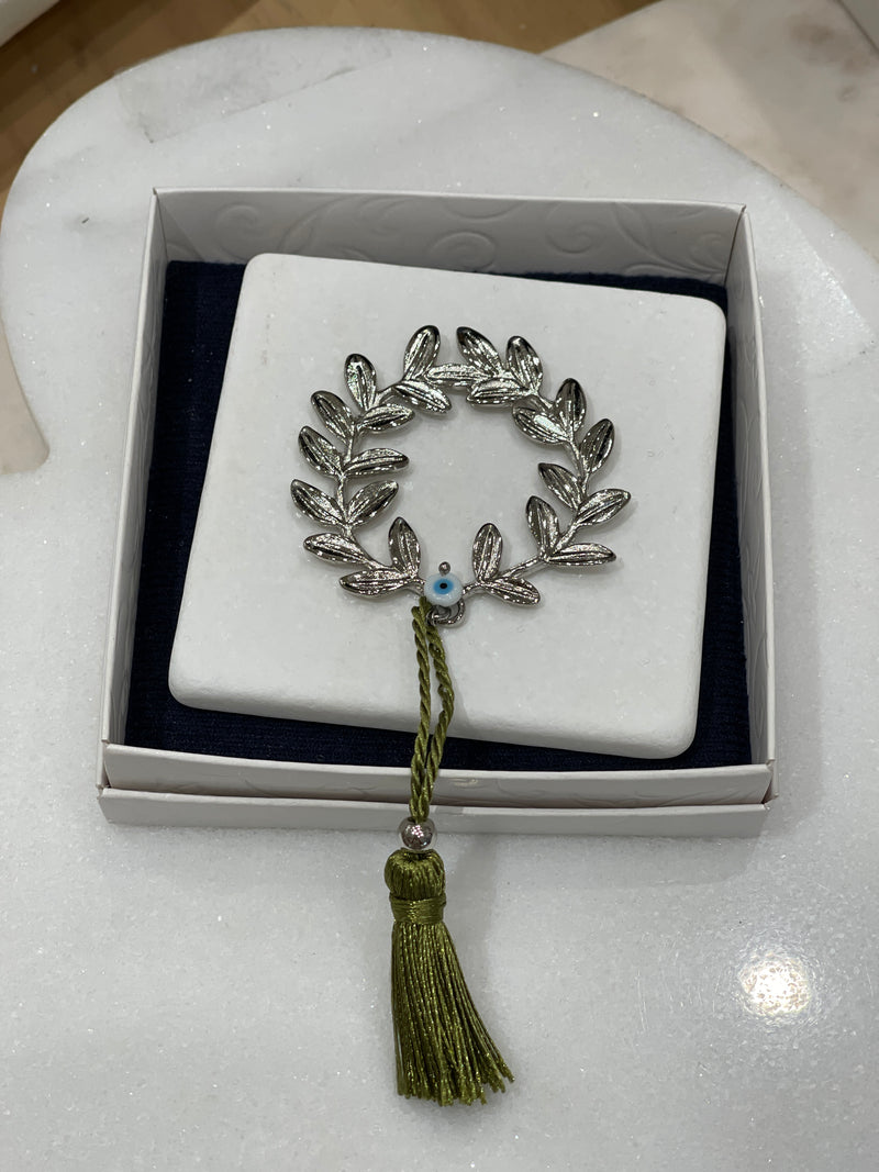 Silver Wreath on Greek Marble - Paperweight (Good Luck Charm)