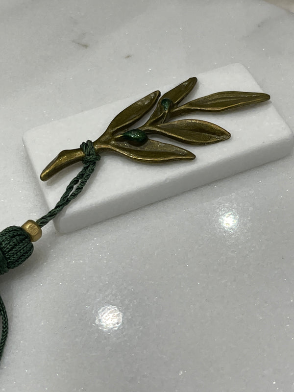 Bronze Olive Branch on Greek Marble - Paperweight (Good Luck Charm)