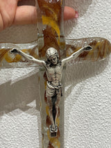 Hand made Glass Icon of Jesus On the Cross - Amber/Brown