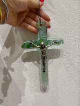 Hand made Glass Icon of Jesus On the Cross - Green