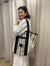 Greek Large Black and Cream Stripes Tote Bag by Aggel
