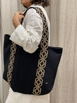 Greek Designer Large Black and gold woven Tote Bag