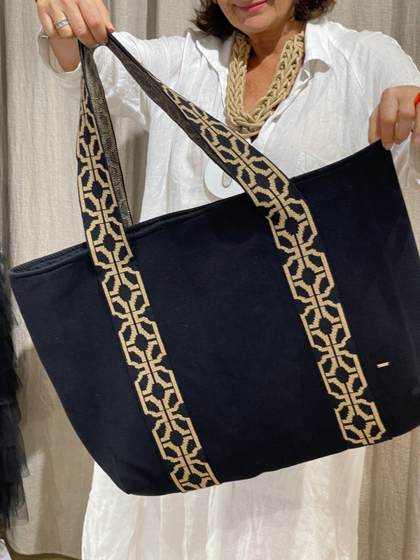 Greek Designer Large Black and gold woven Tote Bag