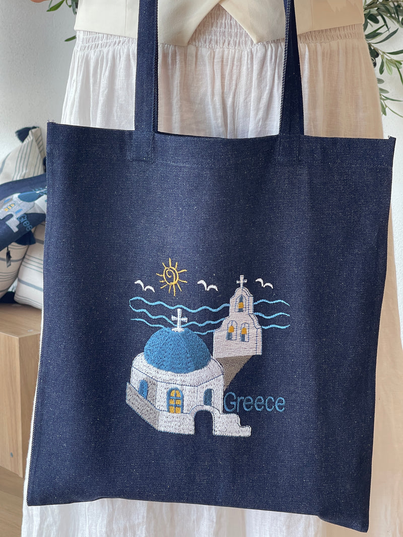 Greek Denim Fabric Tote